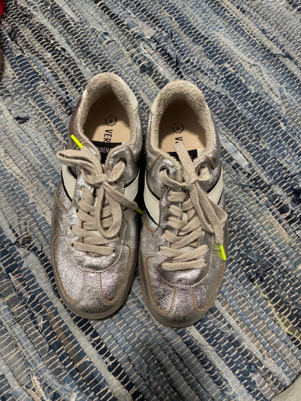 Verbenas Metallic Silver and White Lace-Up Sneakers with Neon Accents